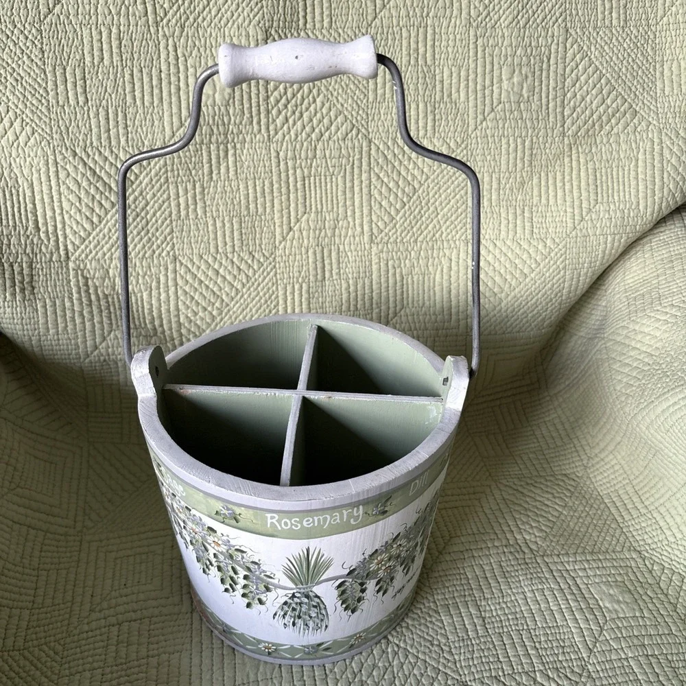 Wood Herb Kitchen Utensil Caddy Basket 4 Compartment Rosemary Dill Farmhouse Vtg